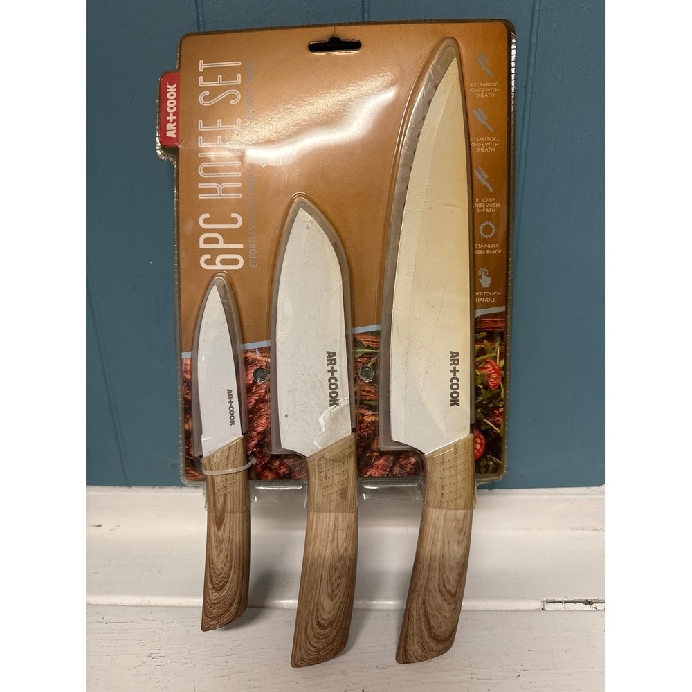 AR COOK 3 Piece Knife Set White Non Stick Coated Blade Chef Paring Santoku